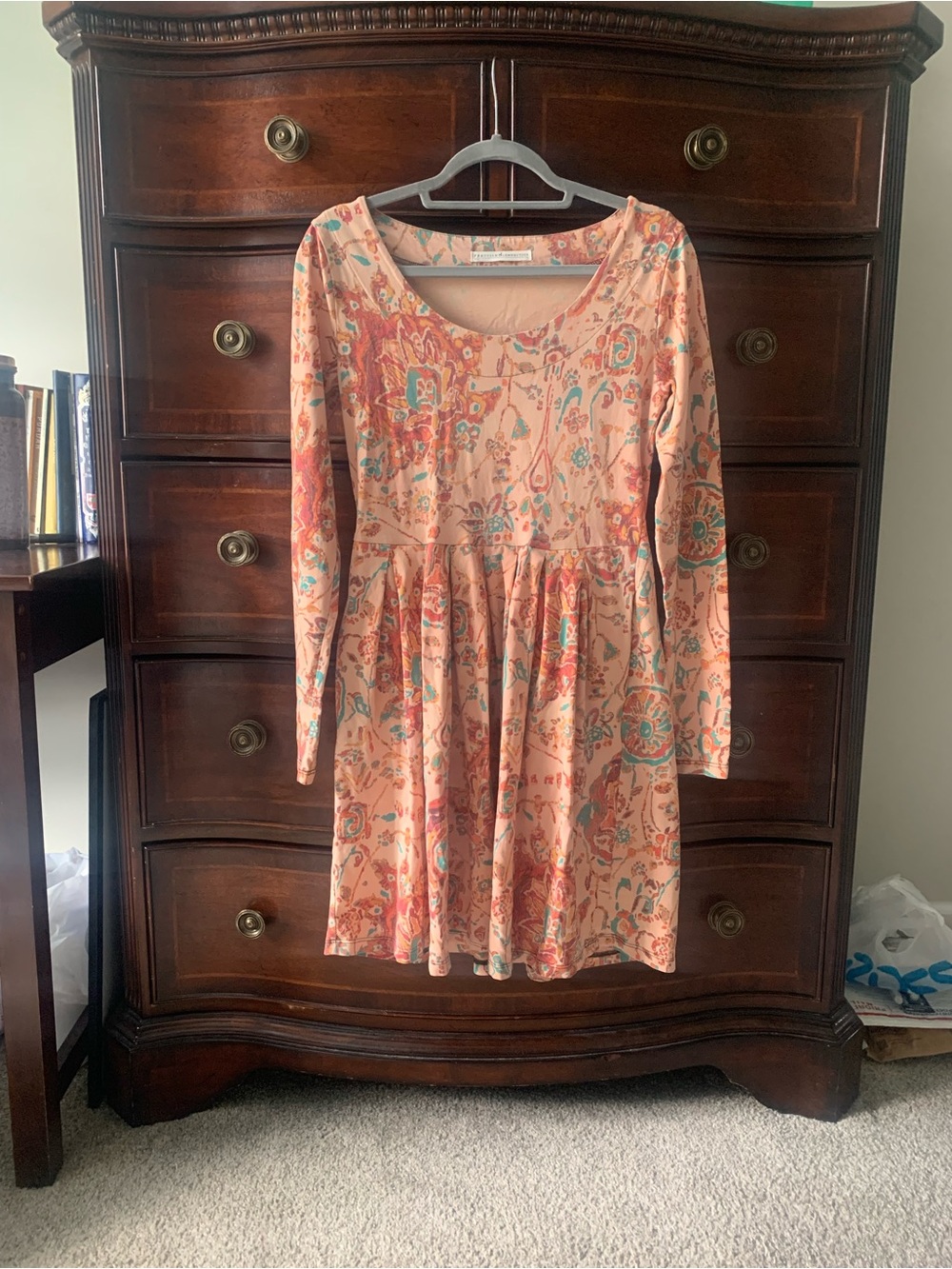 Peruvian Connection S Peach Floral Long-Sleeve Skater Fit Flare Pockets Dress